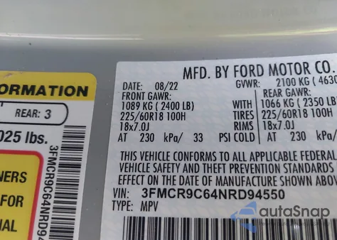 2022 Ford Bronco Sport Outer Banks from USA, damaged, VIN 3FMCR9C64NRD94550